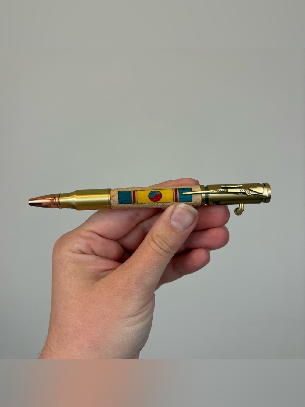 Military Bolt Action Pen Gold Finish Korean War Service Ribbon Wood Inlay Works